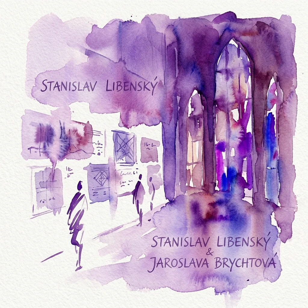 Waterverfillustratie van een glas-in-loodexpositie met ontwerpen van Stanislav Libenský en Jaroslava Brychtová, met silhouetten van bezoekers die de kunstwerken bekijken.