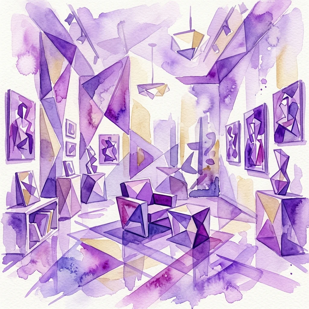 Ilustración en acuarela de una exposición de diseño de interiores cubista con muebles geométricos, paredes angulares y arte abstracto en tonos morados y dorados, que muestra el estilo de composición rítmica de Vlastislav Hofman.
