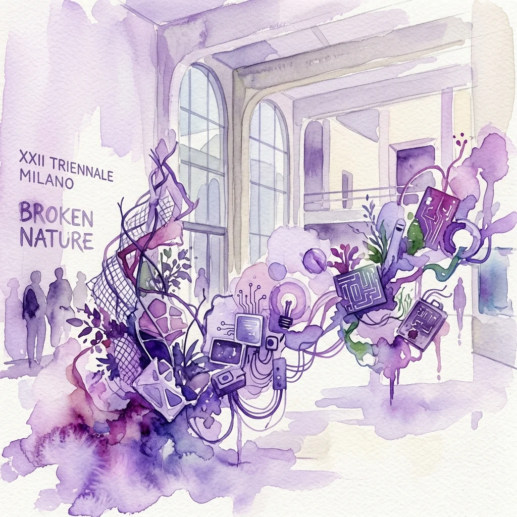 Ilustracja akwarelowa abstrakcyjnej instalacji na XXII Triennale Milano o temacie 'Broken Nature', przedstawiająca materiały z recyklingu, płytki drukowane i elementy technologiczne w modernistycznej przestrzeni architektonicznej.