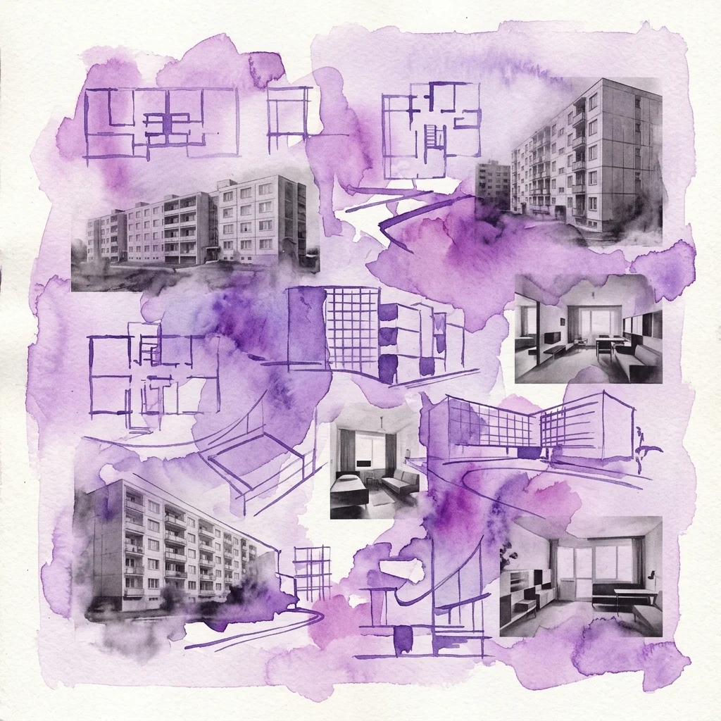 Collage van modernistisch architectonische schetsen en zwart-witfoto's van Tsjecho-Slowaakse woongebouwen en interieurs uit 1956-1989, met paarse aquarelaccenten.