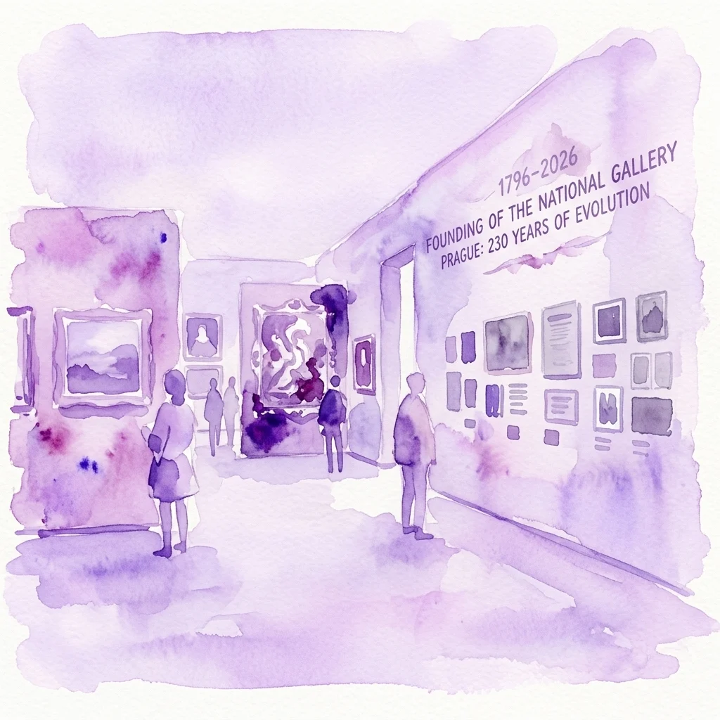 Ilustracja akwarelowa galerii muzealnej z odwiedzającymi oglądającymi dzieła sztuki i wystawy z okazji 230. rocznicy założenia Narodowej Galerii w Pradze, z tekstem '1796-2026 ZAŁOŻENIE NARODOWEJ GALERII W PRADZE: 230 LAT EWOLUCJI'.