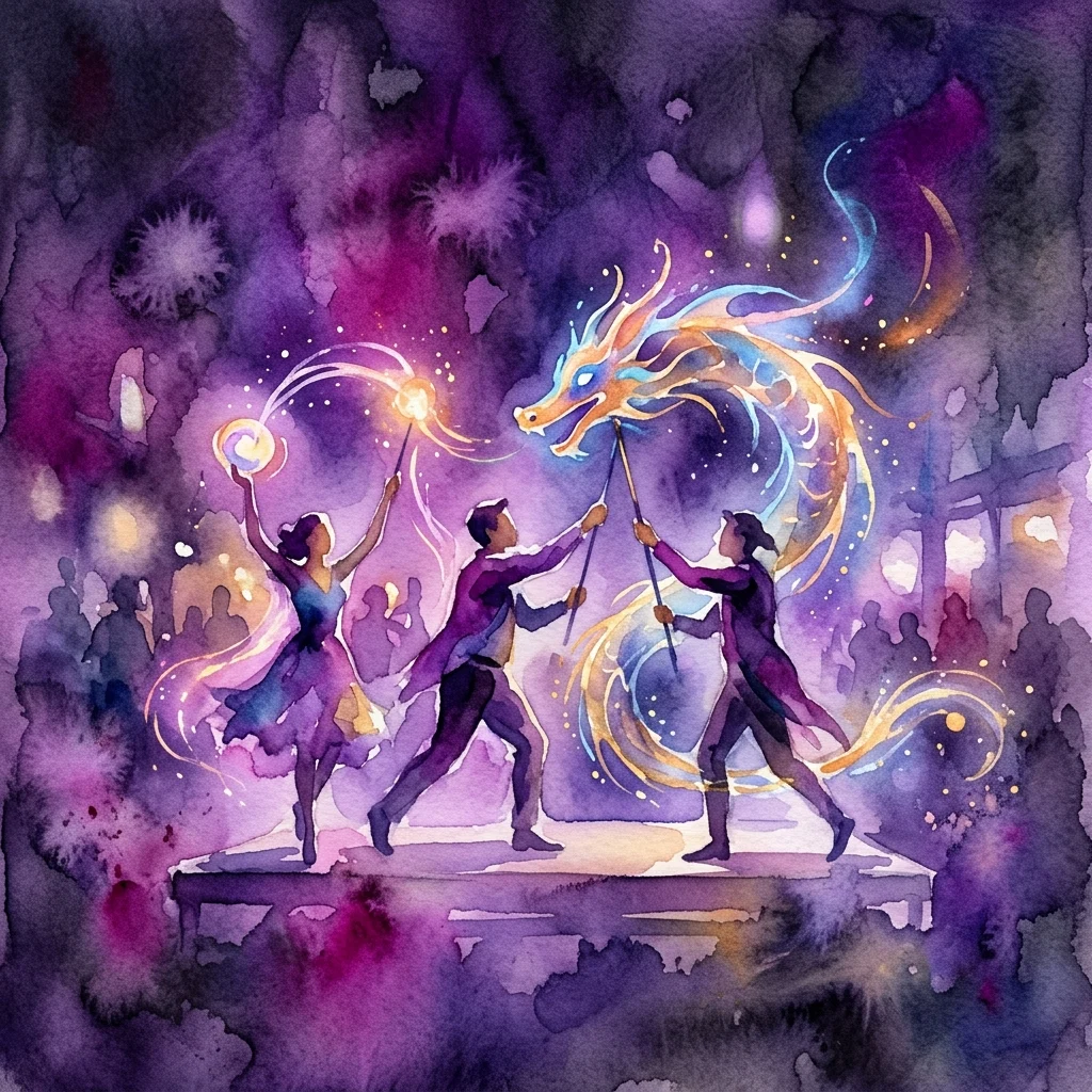 Una ilustración en acuarela de una actuación de teatro de luz negra con artistas que manipulan objetos brillantes y una marioneta de dragón luminosa sobre un fondo oscuro y cósmico.