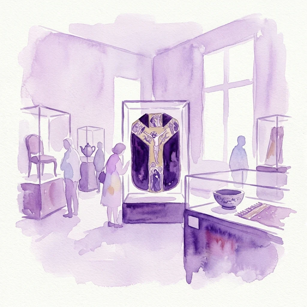 Waterverfillustratie van een museumgalerij met een centrale opstelling van een religieus textielkunstwerk, waarbij bezoekers verschillende historische en eigentijdse designobjecten in vitrines bekijken.