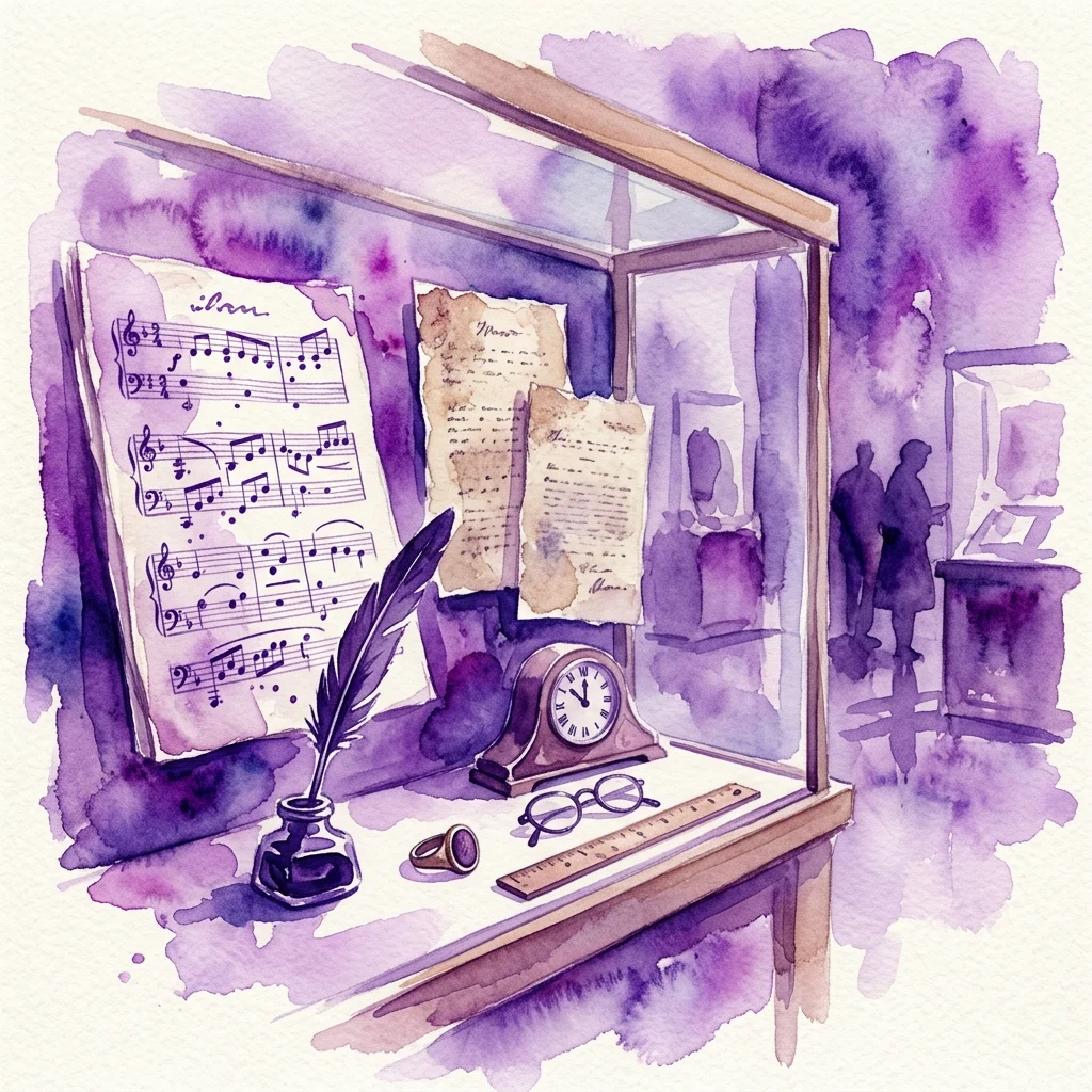 Ilustracja akwarelowa gabloty muzealnej prezentującej rękopisy muzyczne Bedřicha Smetany, pióro gęsie, kałamarz, zegar i osobiste artefakty.