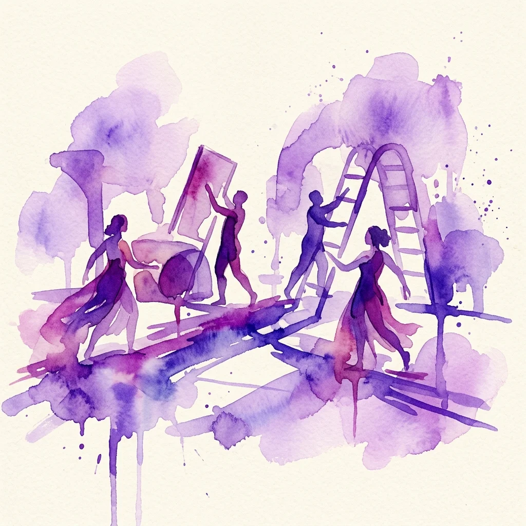 Watercolor illustration of performers in a stage performance, interacting with props like ladders and panels in a purple and pink abstract setting, representing the experimental circus show Cirk La Putyka: Hey, Earth!
