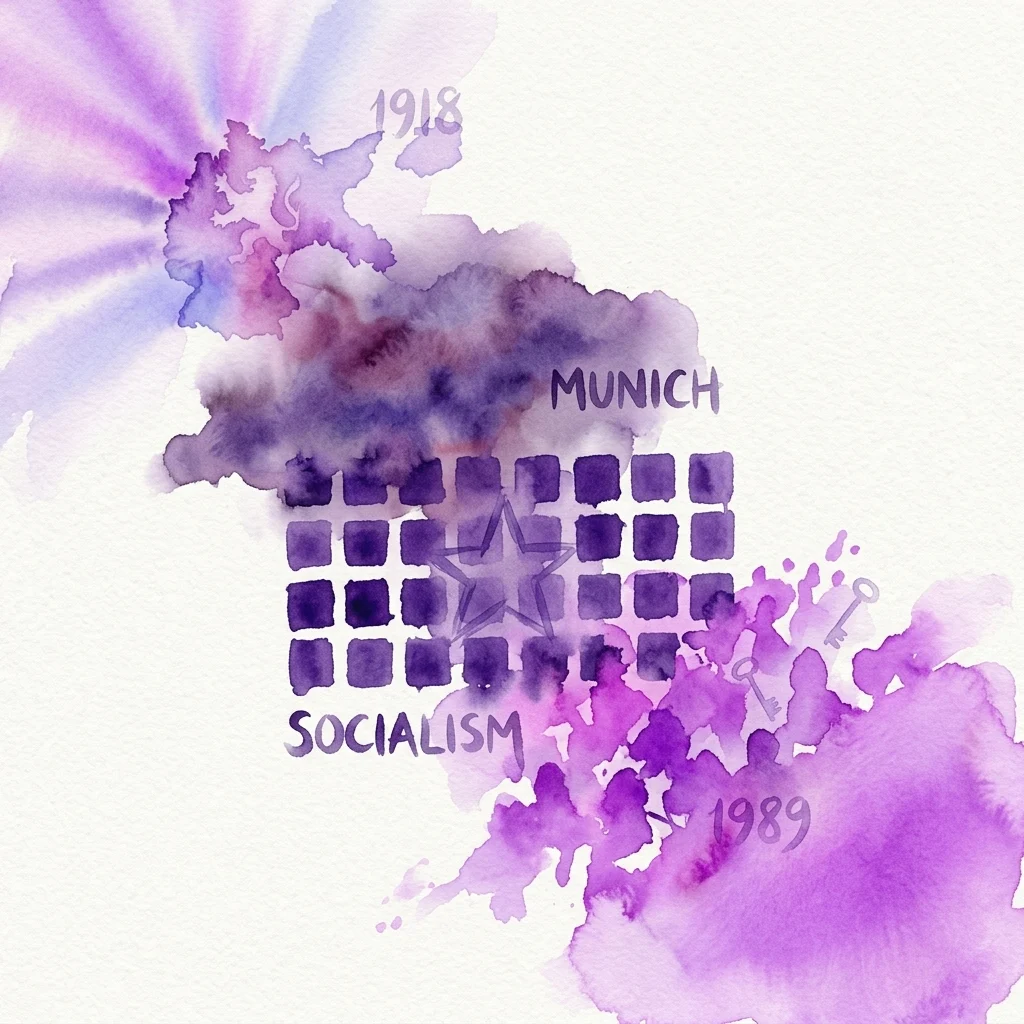 Watercolor artwork depicting key moments in Czech and Czechoslovak history: 1918 (founding of the republic), Munich Agreement, socialism era, and 1989 (Velvet Revolution).
