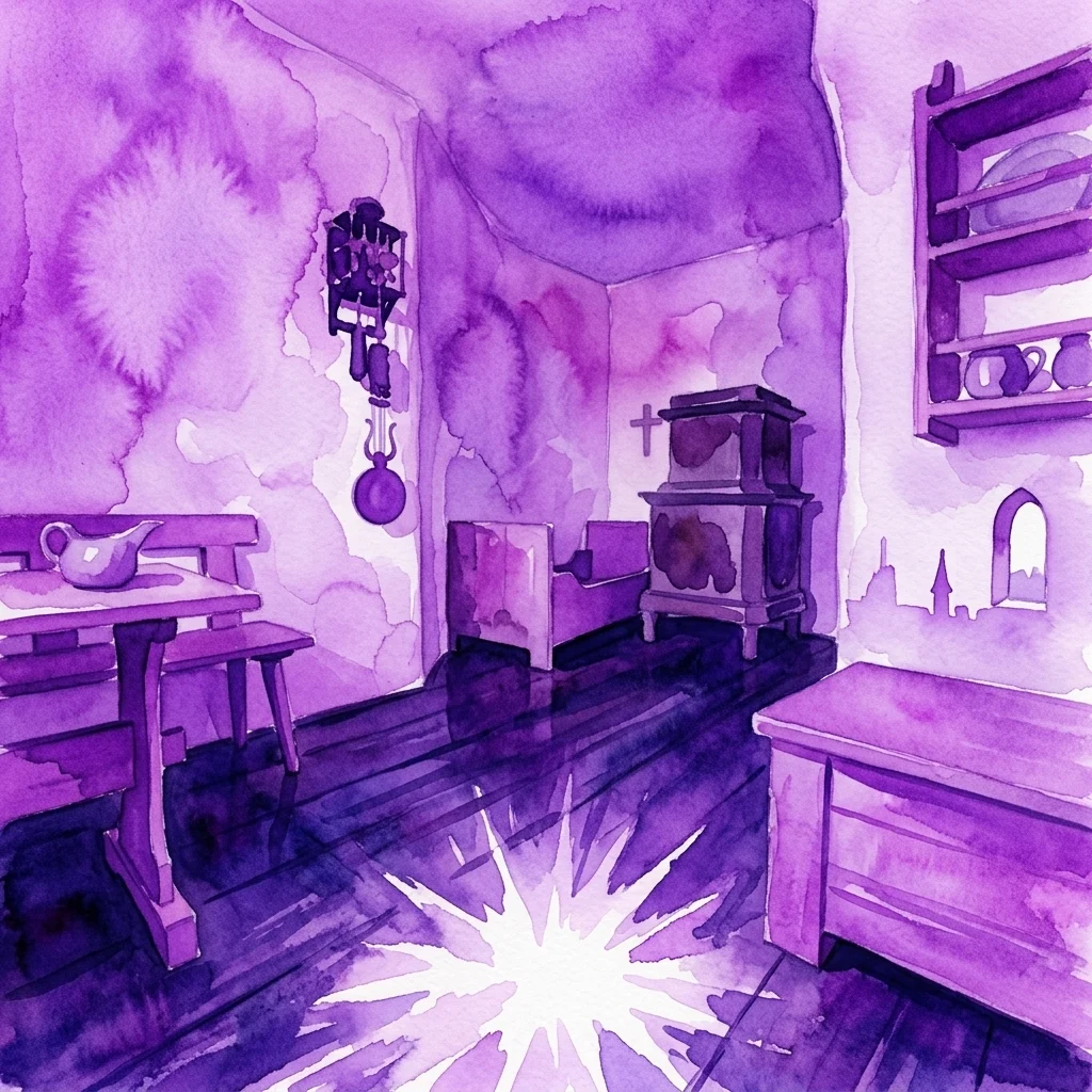 A watercolor illustration of a dimly lit medieval tower watchman's living quarters, featuring a hearth, simple furniture, and a view of the city skyline through a window.