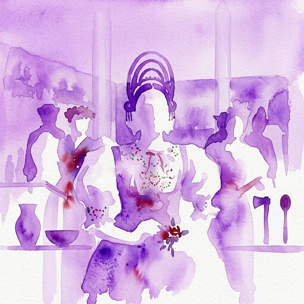 Ilustración en acuarela de trajes tradicionales checos y artefactos, que incluyen prendas bordadas, cerámica y herramientas de madera, evocando el patrimonio cultural.
