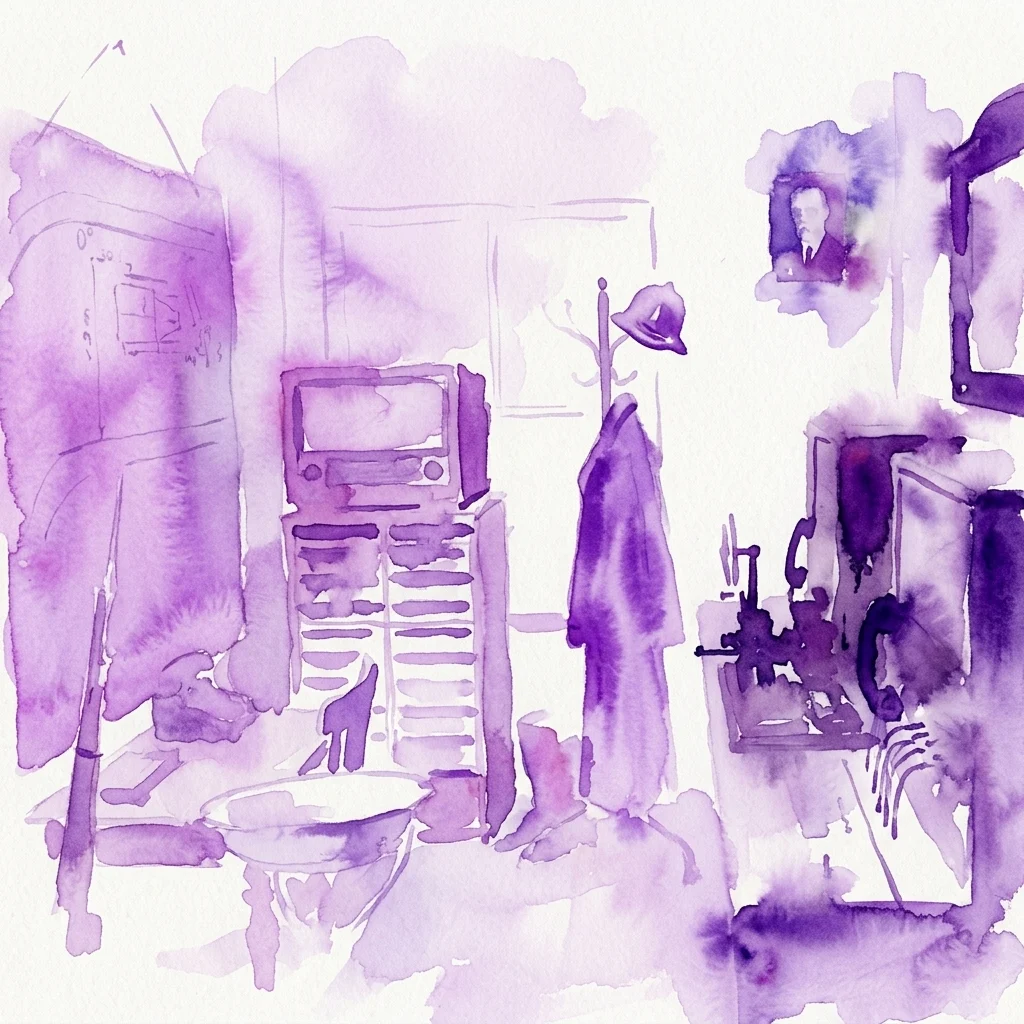 Watercolor illustration of a museum exhibit featuring historical Czech police uniforms, artifacts, and forensic tools, conveying the history of law enforcement in the Czech Republic.