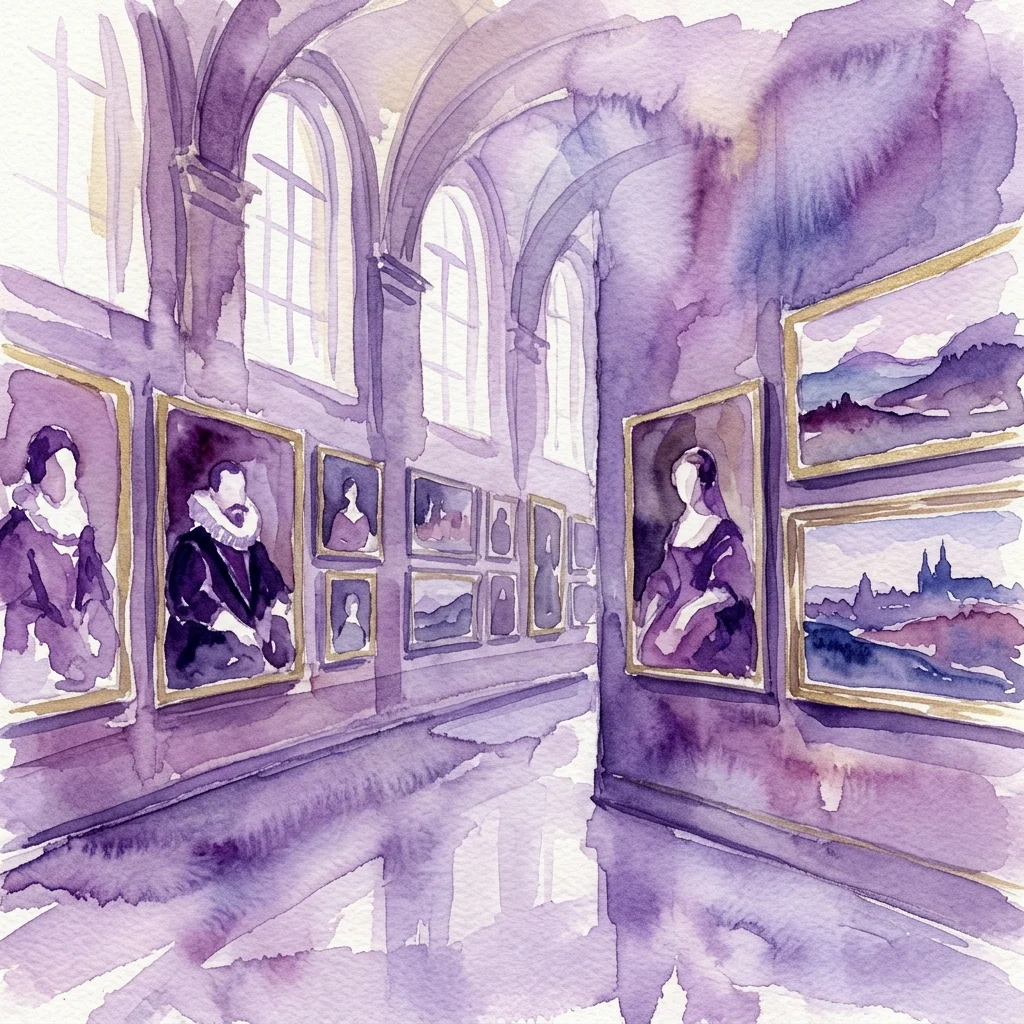 Watercolor illustration of a grand gallery with arched windows, displaying European Renaissance and Baroque paintings from the Prague Castle collections, including portraits and landscapes.