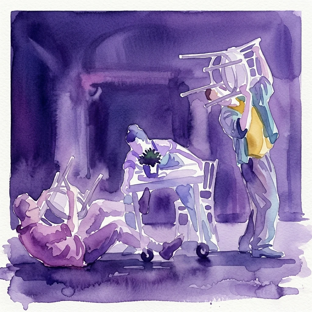 Ilustracja akwarelowa współczesnej instalacji artystycznej w foyer teatru, przedstawiająca postacie wchodzące w interakcję z krzesłami i stołem, nawiązująca do tematów fotografii, architektury i zaangażowania publiczności.