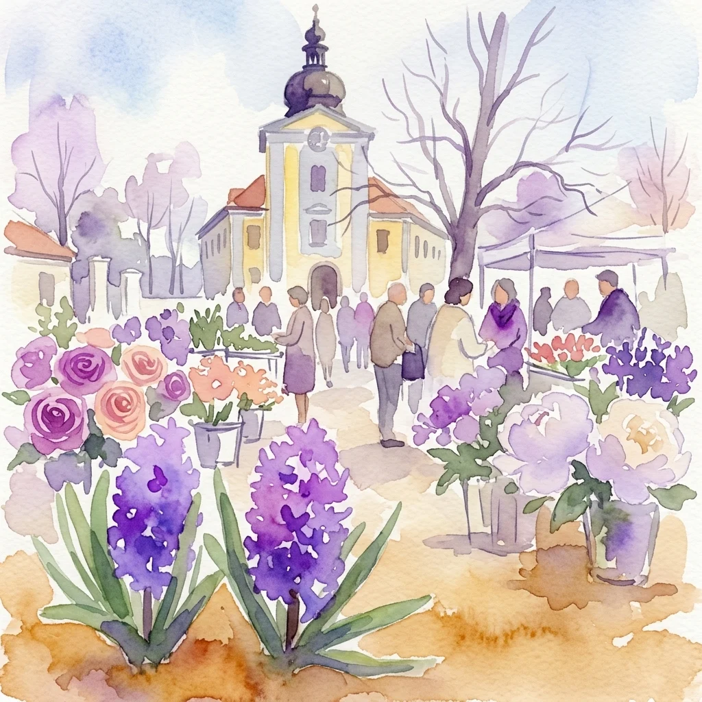 Watercolor illustration of a flower market at the Flower Festival, featuring vibrant blooms like roses and hyacinths in a historic courtyard with visitors browsing and a church in the background.