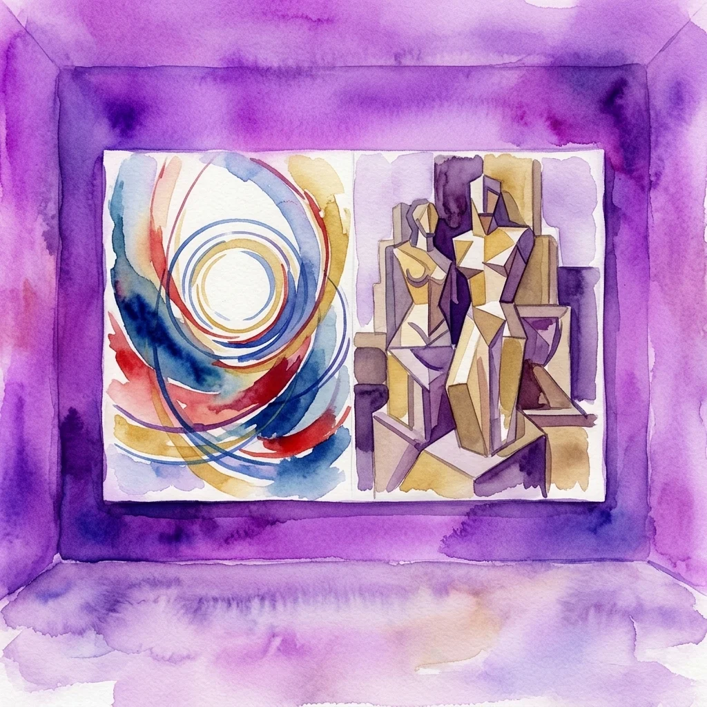 A split canvas featuring František Kupka's abstract, colorful swirls on the left and Otto Gutfreund's geometric Cubist sculpture on the right, displayed in a purple-walled gallery space.