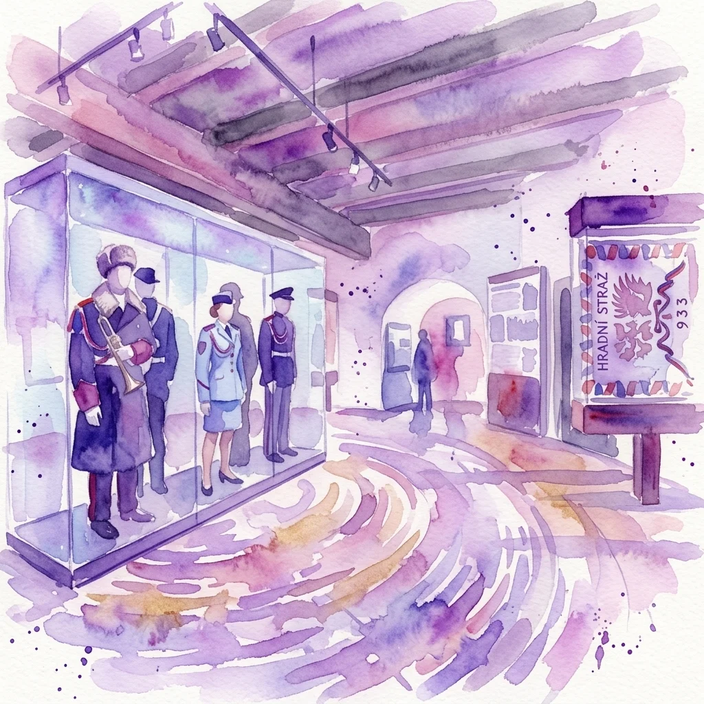 Ilustración en acuarela de una sala de exposiciones con maniquíes con uniformes históricos dentro de una vitrina de cristal, con un cartel que dice 'HRADNI STRAZ 933' y un entorno de museo con puertas arqueadas e iluminación de riel.