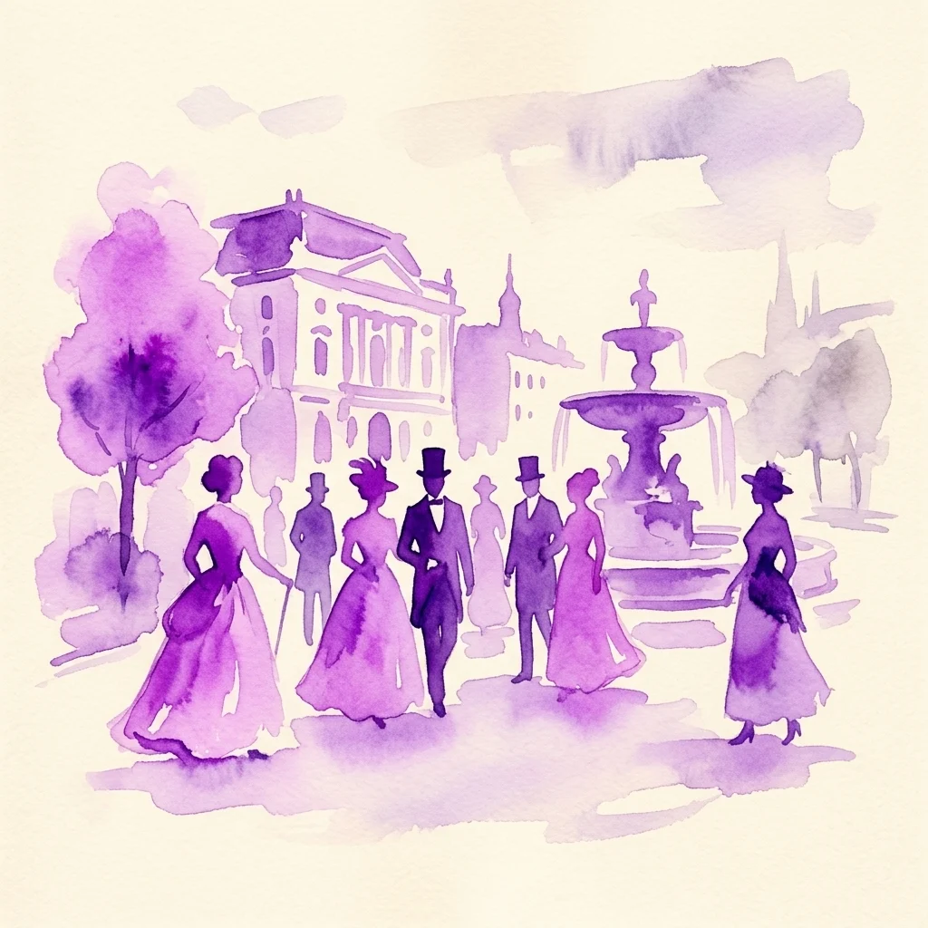 Una ilustración en acuarela de personas con atuendo de estilo vienés de principios del siglo XX, incluyendo sombreros de copa y vestidos largos, reunidas en una plaza de la ciudad con una fuente y edificios clásicos, evocando un pasado nostálgico e idealizado.