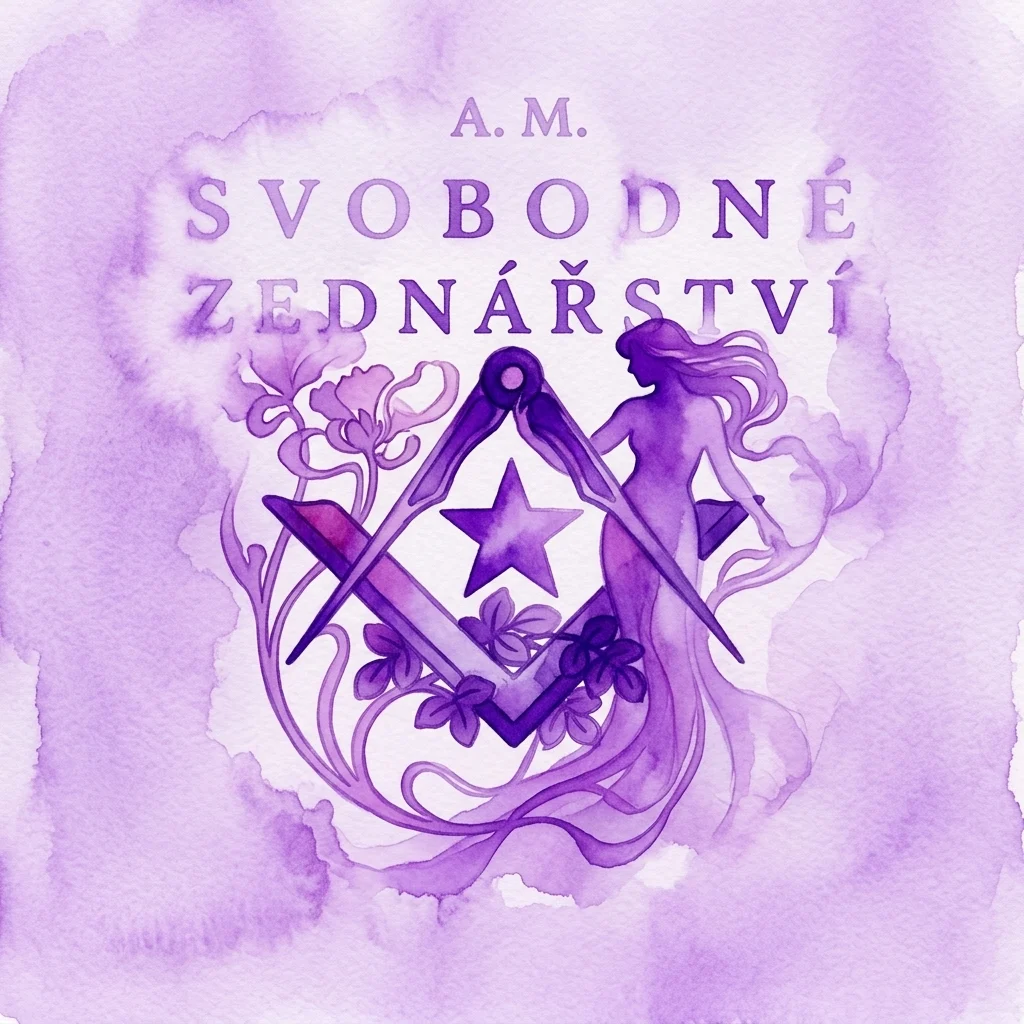 Ilustracja akwarelowa w odcieniach fioletu z napisem 'A.M. SVOBODNÉ ZEDNÁŘSTVÍ', przedstawiająca postać kobiecą, cyrkiel i ekierkę oraz motywy kwiatowe, symbolizująca związek sztuki Alphonse Muchy z wolnomularstwem.