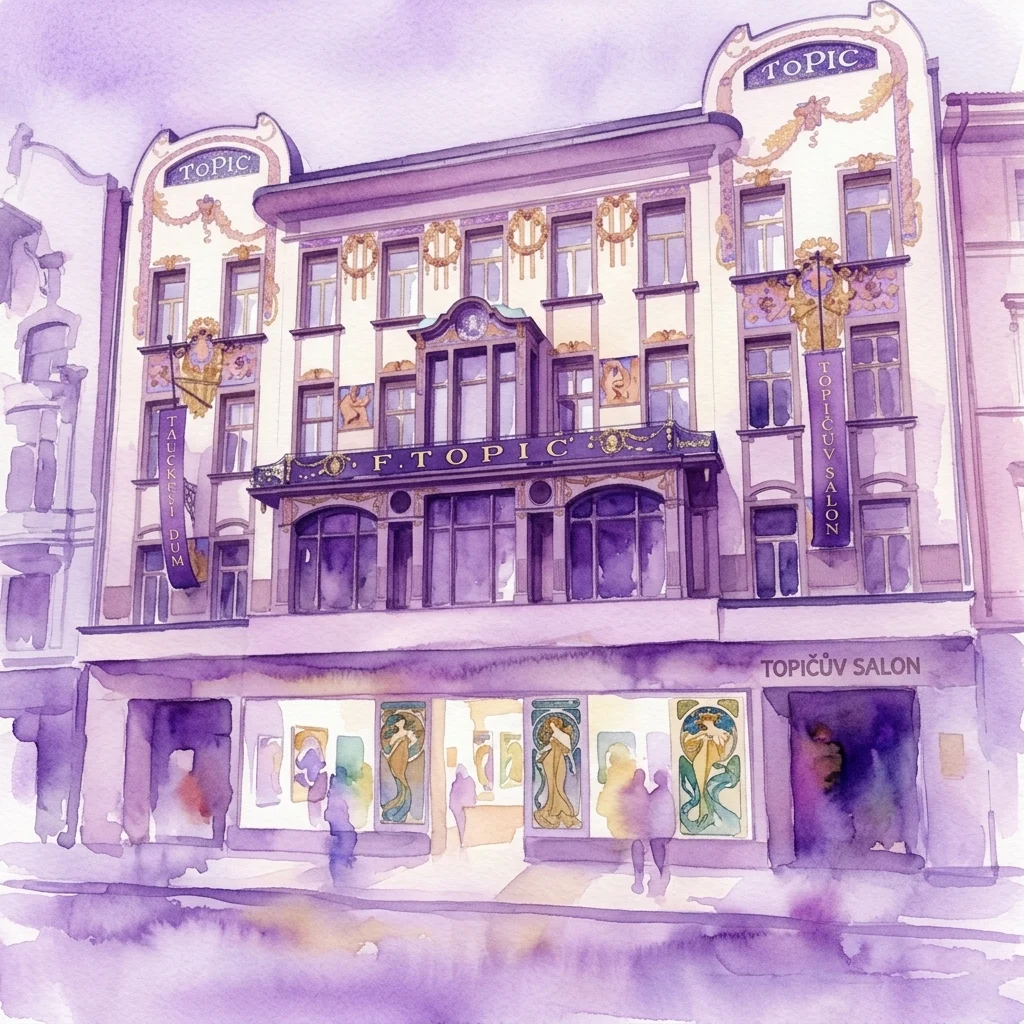 Waterverfillustratie van de historische Topič Salon in Praag, een Art Nouveau-gebouw met sierlijke gouden details en grote ramen die de iconische posters van Alphonse Mucha tonen.