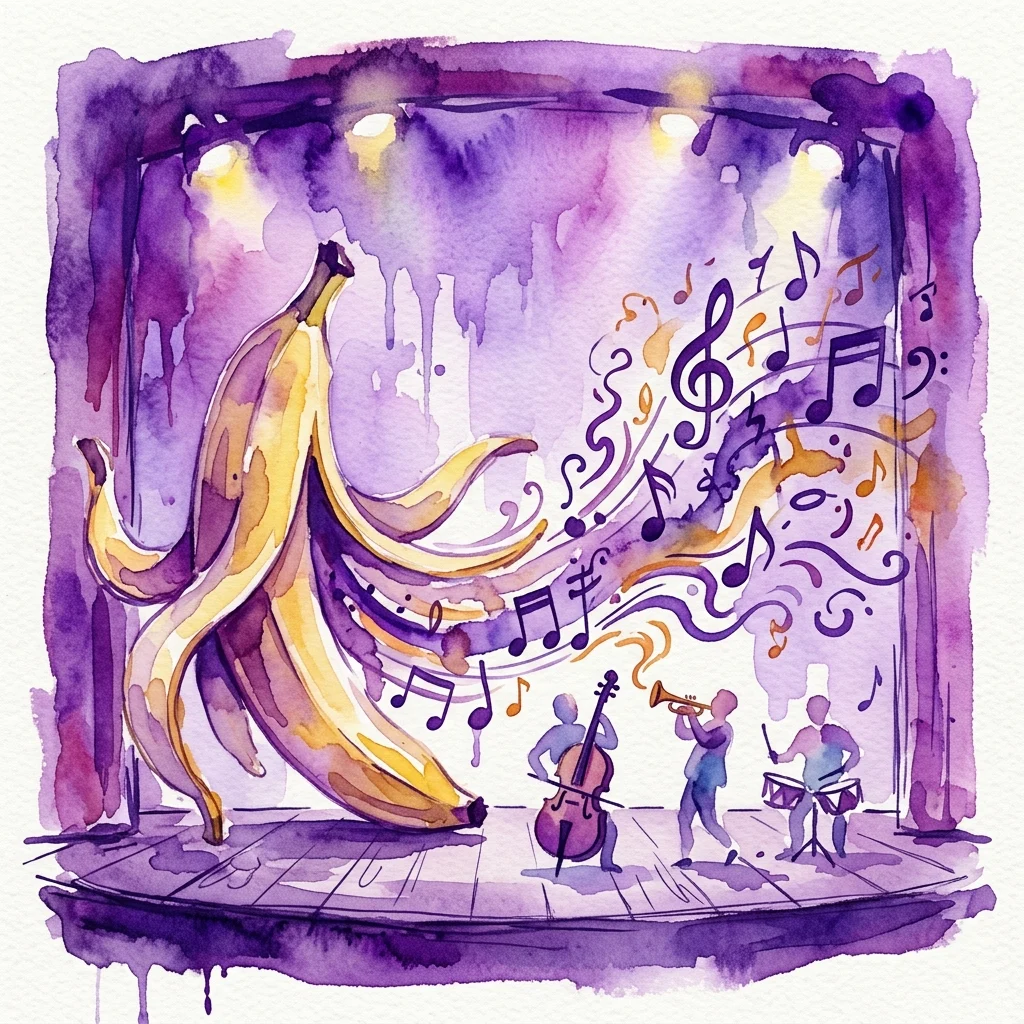 Ilustración en acuarela de un escenario teatral con una cáscara de plátano gigante y músicos tocando instrumentos, rodeado de notas musicales arremolinadas en tonos morados y amarillos.