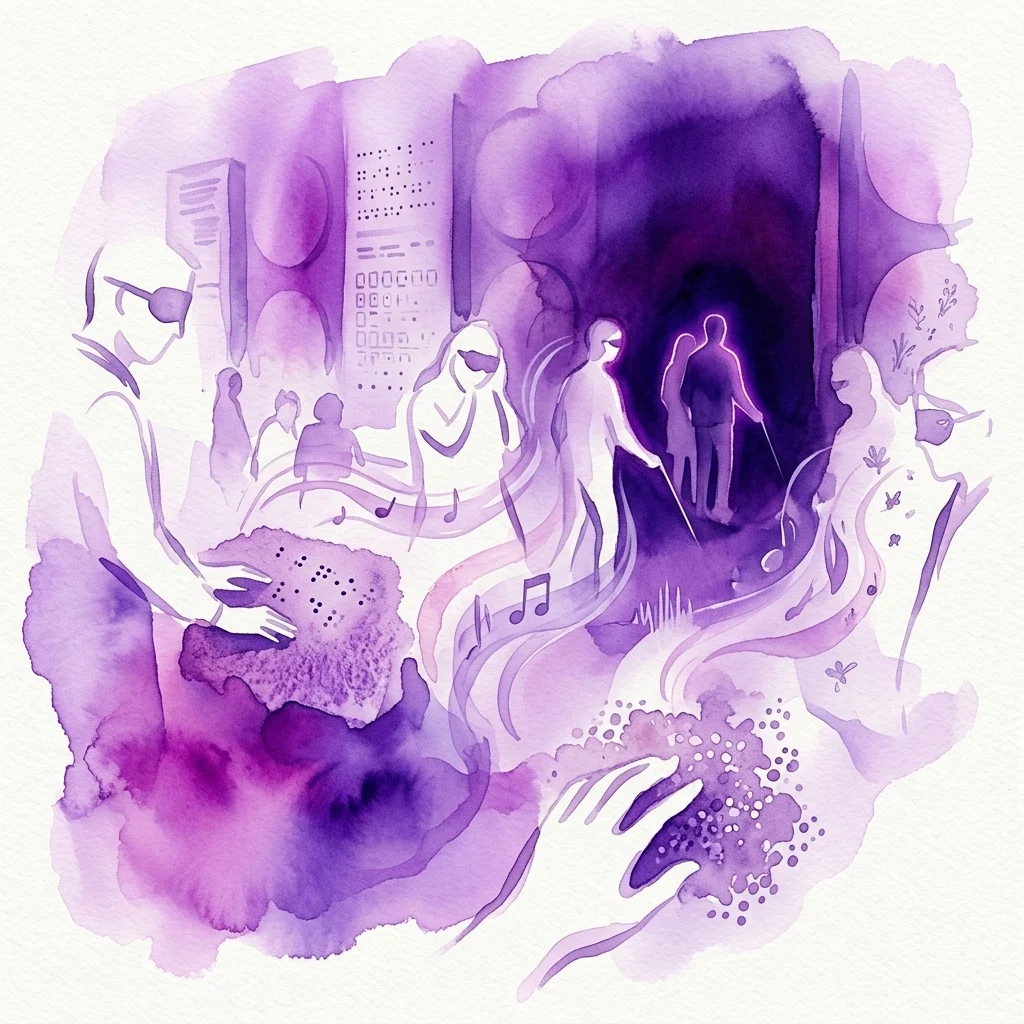 Een artistieke illustratie van de Invisible Exhibition in Praag, die bezoekers afbeeldt die een donkere ruimte doorkruisen met behulp van aanraking, geluid en geur, geleid door slechtzienden, met zintuiglijke elementen zoals braille en muzieknoten.