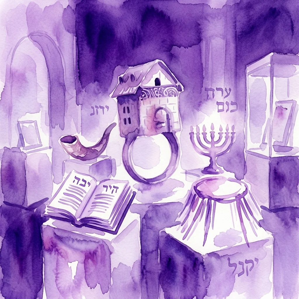 Ilustracja akwarelowa przedmiotów rytualnych judaizmu, w tym zwoju Tory, szofaru, menory i przedmiotu w kształcie domu, prezentowana w sali muzealnej z etykietami w języku hebrajskim.