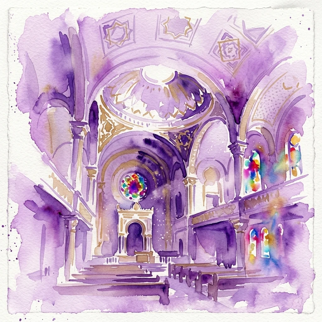 Ilustracja akwarelowa wnętrza Synagogi Hiszpańskiej w Pradze, z łukami w stylu mauretańskim, złotymi detalami i kolorowymi witrażami pod kopułą.