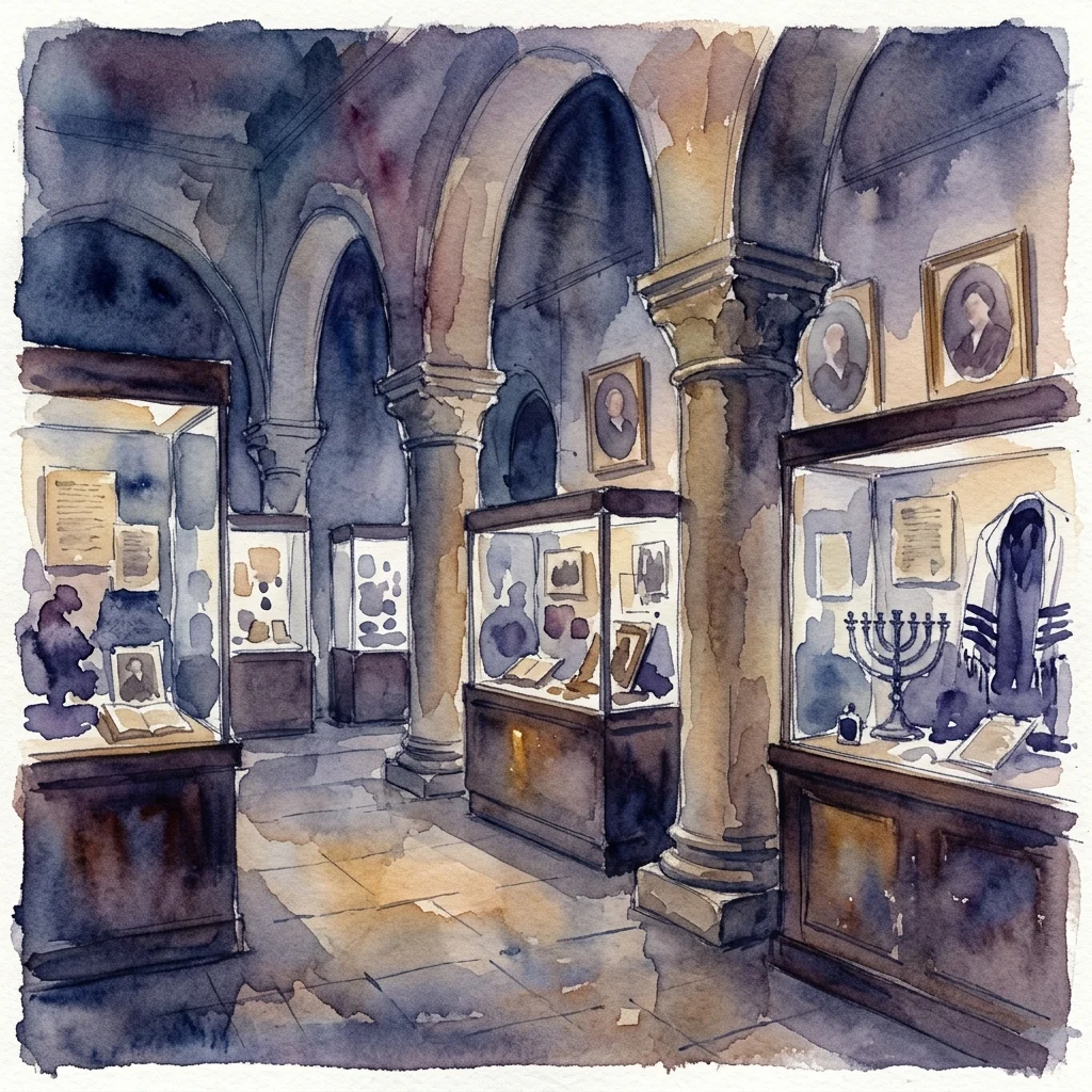 Ilustración en acuarela de una sala de exposiciones de museo con techos abovedados, vitrinas que contienen artefactos y retratos enmarcados, que representa la historia judía en Bohemia y Moravia durante los siglos XIX y XX.