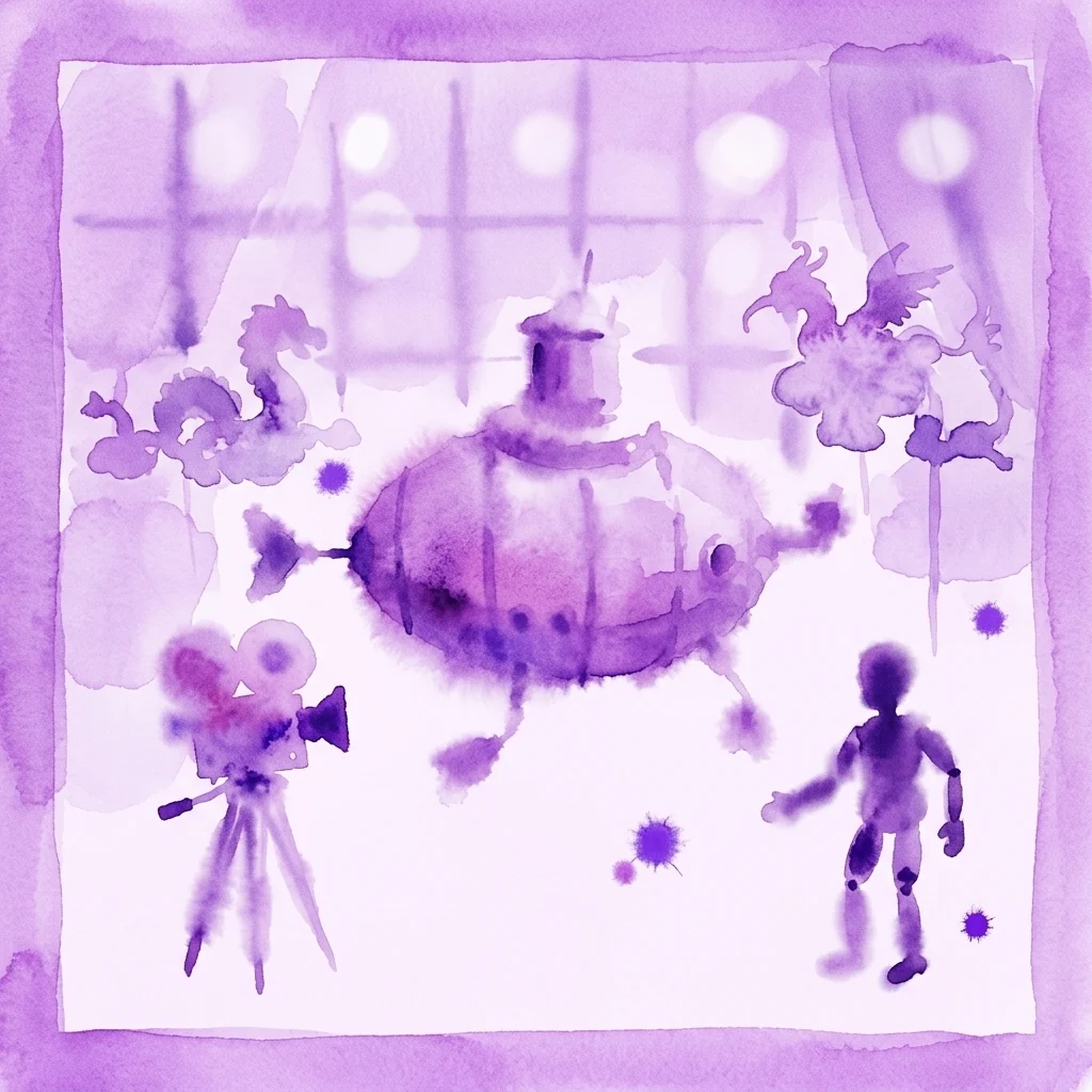Una caprichosa ilustración de acuarela púrpura que representa una escena de estudio de cine con títeres de animación temprana, una cámara de cine y utilería fantástica inspirada en las creaciones de efectos especiales de Karel Zeman.