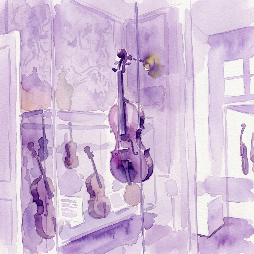 Watercolor illustration of a museum display case featuring violins and other string instruments, part of the 'Man — Instrument — Music' exhibition.