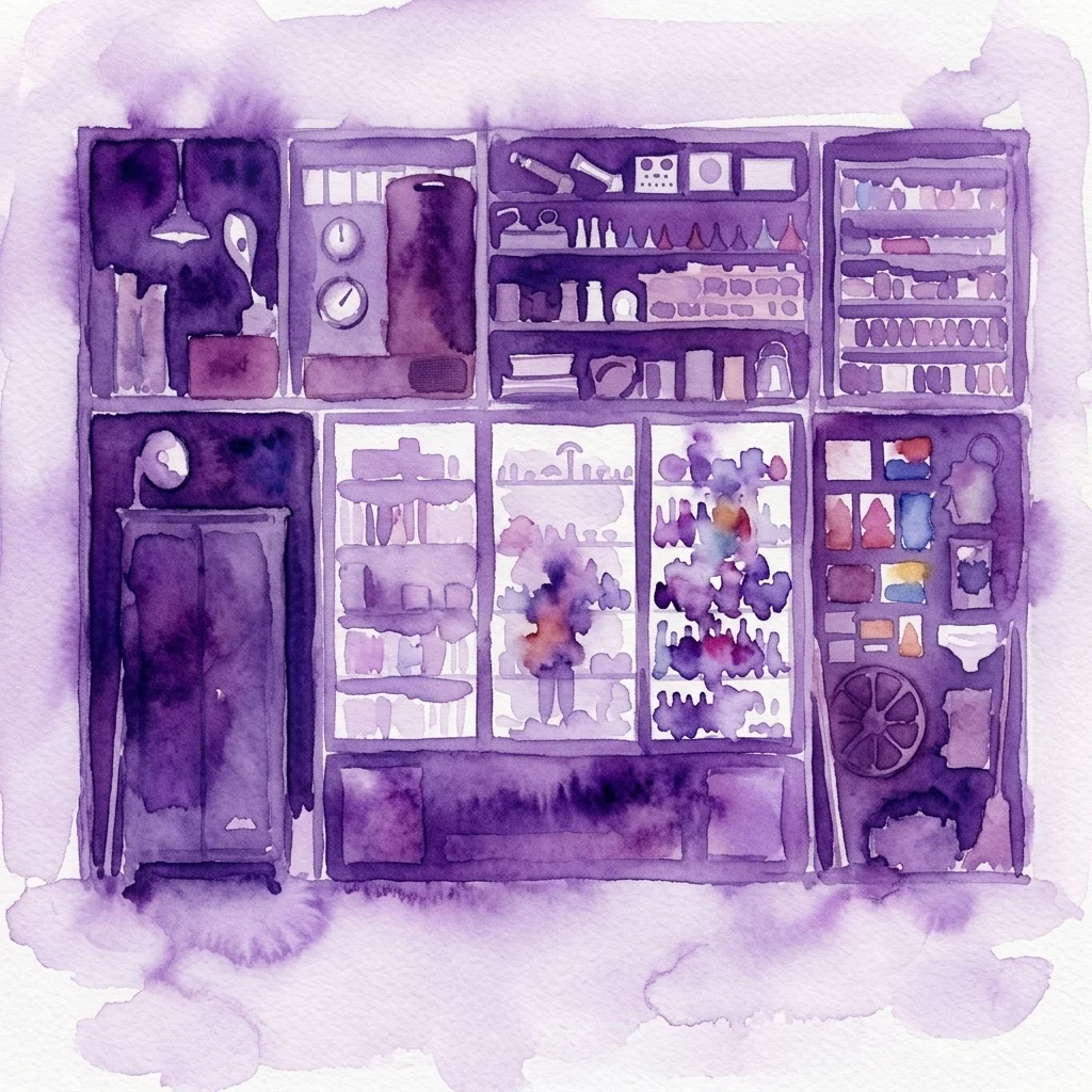 A watercolor illustration of Mark Dion's 'Cabinet of Electrical Curiosities' art installation, featuring a cabinet filled with vintage electrical artifacts, industrial objects, and natural specimens in a purple-toned gallery setting.