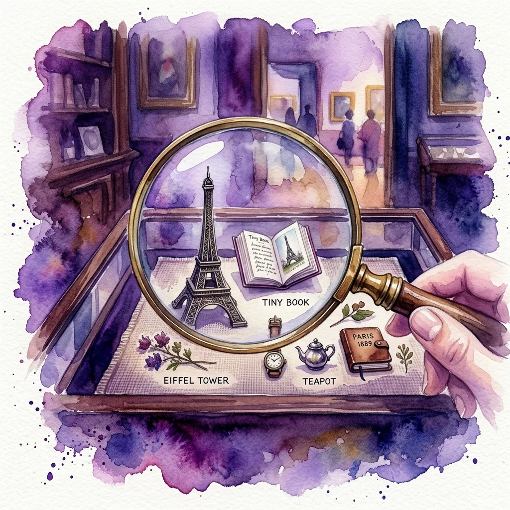 A watercolor illustration of a hand holding a magnifying glass over a display case with miniature objects, including a tiny Eiffel Tower, a book smaller than a grain of rice, and a teapot, in a museum setting.