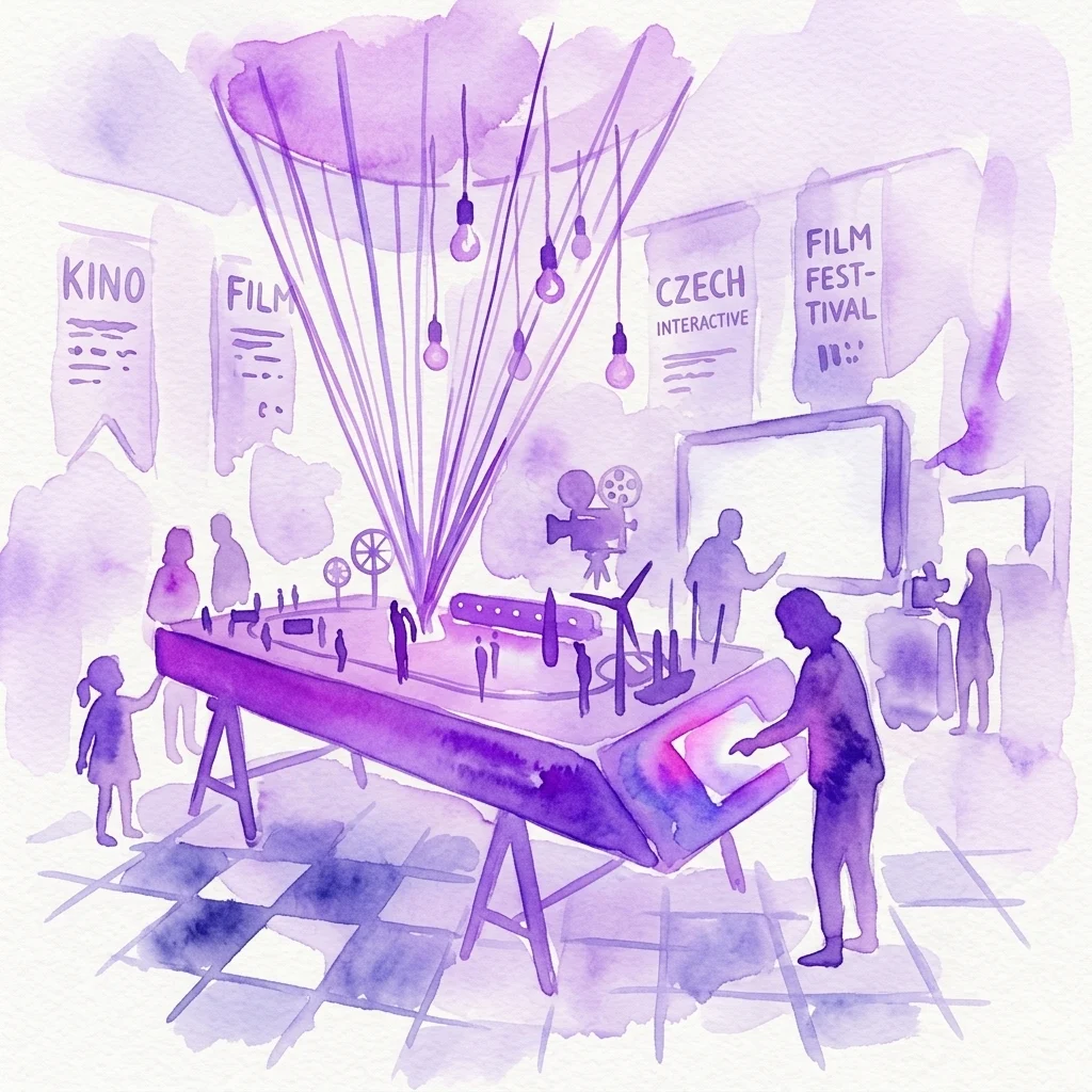 Interactive exhibition at NaFilM National Film Museum featuring a large table with film equipment, hanging light bulbs, and visitors exploring Czech and international cinema through hands-on displays.