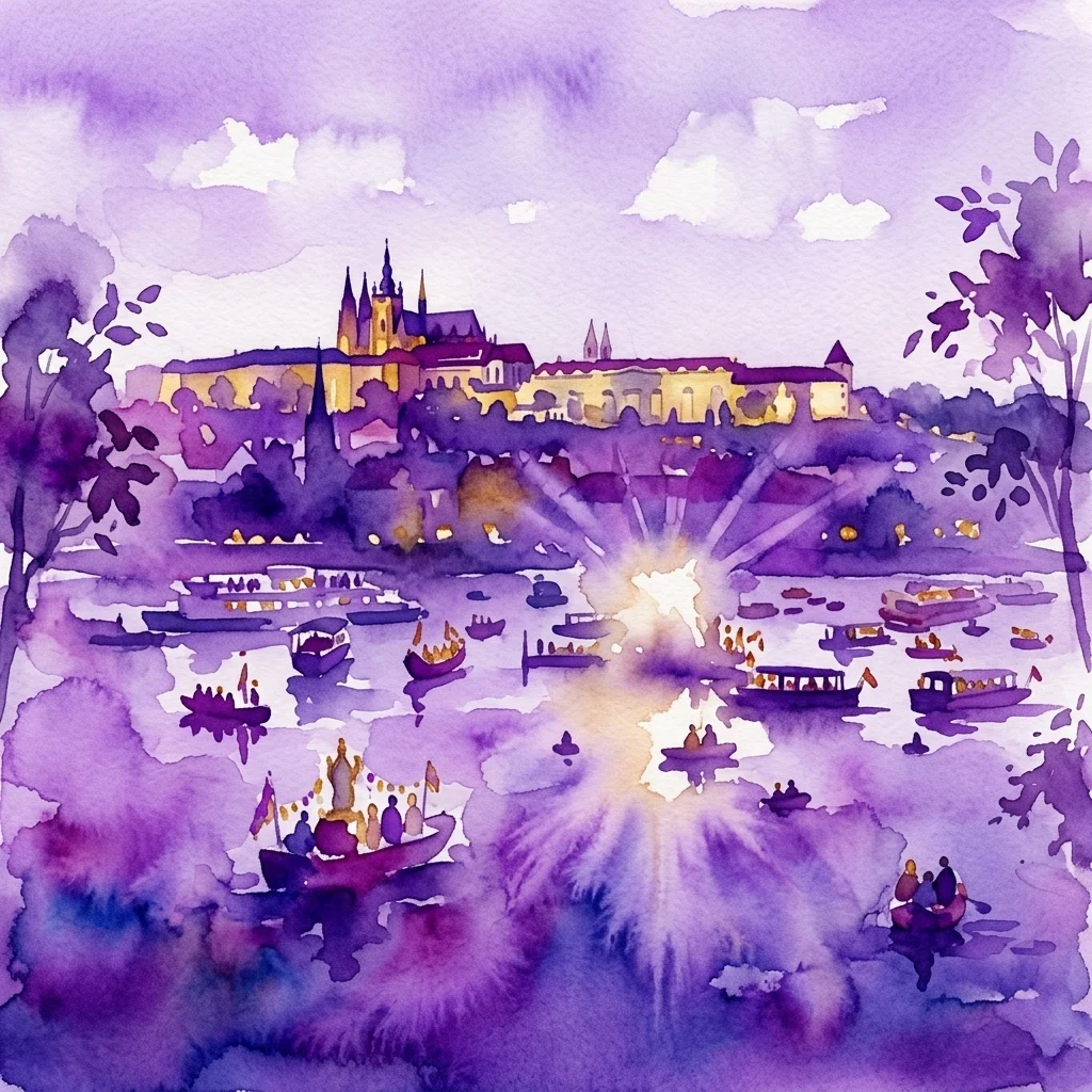 Ilustración en acuarela del festival Navalis en el río Moldava al anochecer, con barcos decorados, una procesión y el histórico horizonte de Praga con agujas iluminadas.