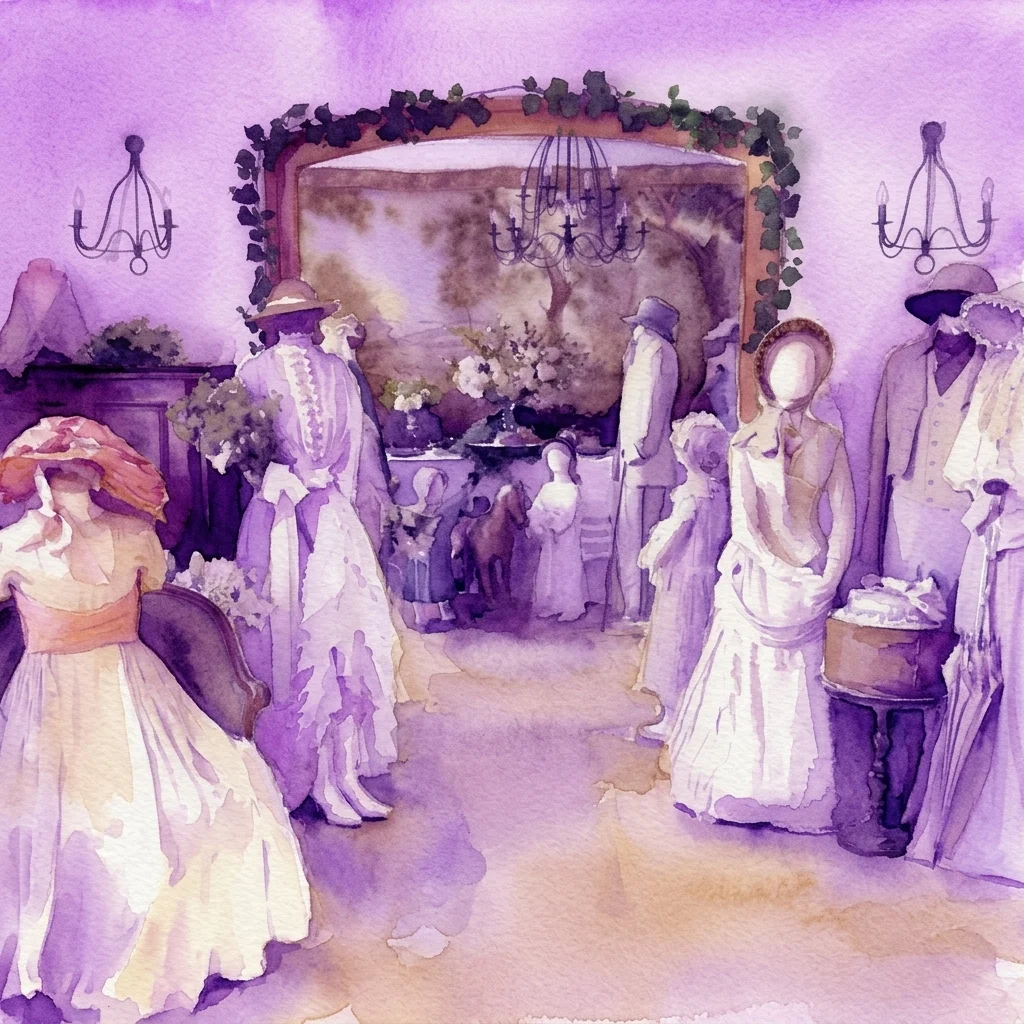 Watercolor illustration of a museum exhibit featuring mannequins in Victorian and Edwardian-era dresses and hats, set in a purple-toned room with chandeliers and floral arrangements.
