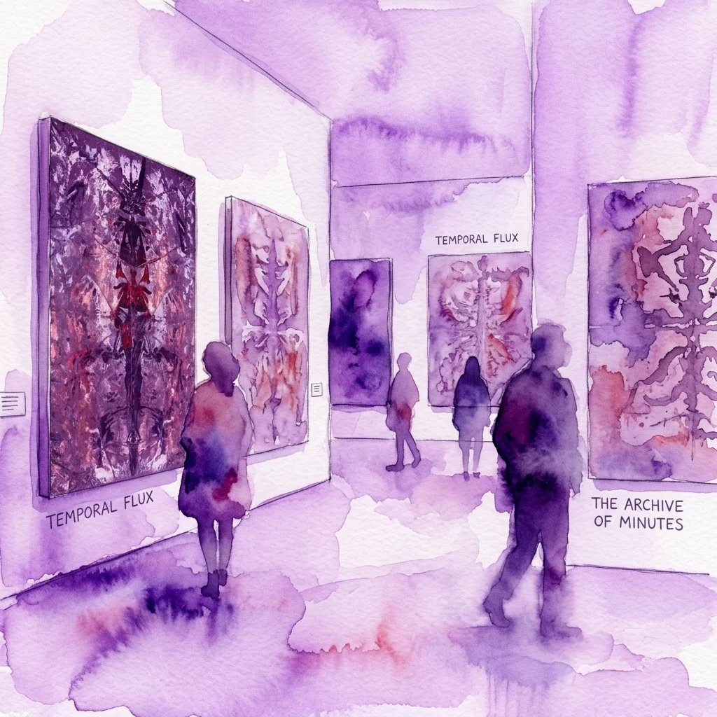 Ilustración en acuarela de una galería de arte con visitantes admirando pinturas abstractas tituladas 'Temporal Flux' y 'The Archive of Minutes' de Patrik Hábl, con texturas en capas y una paleta de colores contemplativa en púrpura y rojo.
