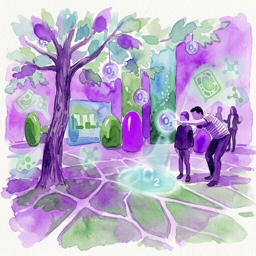 Interactive exhibition display on photosynthesis at the National Museum of Agriculture, featuring visitors engaging with touchscreens and light projections, surrounded by artistic representations of plant cells, O2 molecules, and a tree.
