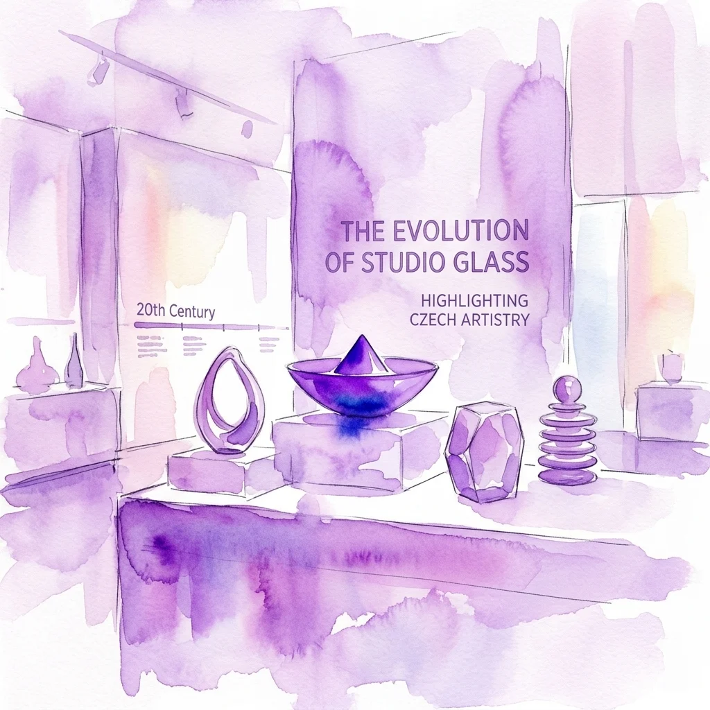 Ilustracja akwarelowa wystawy w galerii prezentującej szklane dzieła sztuki pod tytułem 'The Evolution of Studio Glass: Highlighting Czech Artistry', w schemacie kolorów fioletowo-białym.