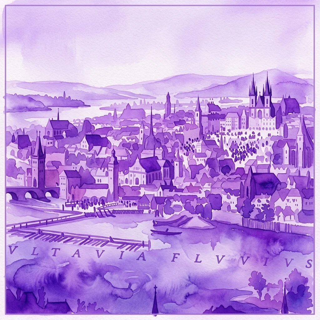 Fioletowa ilustracja akwarelowa Pragi z 1606 roku, przedstawiająca zabytkowe budynki, rzekę i most, oparta na przedstawieniu Aegidiusa Sadeler z czasów panowania Rudolfa II.