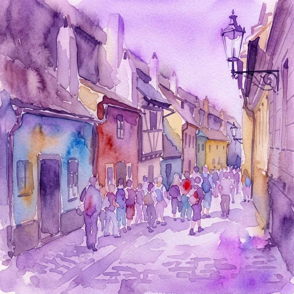Watercolor painting of Golden Lane at Prague Castle, showing colorful historic houses along a cobblestone street with visitors walking under soft purple light.