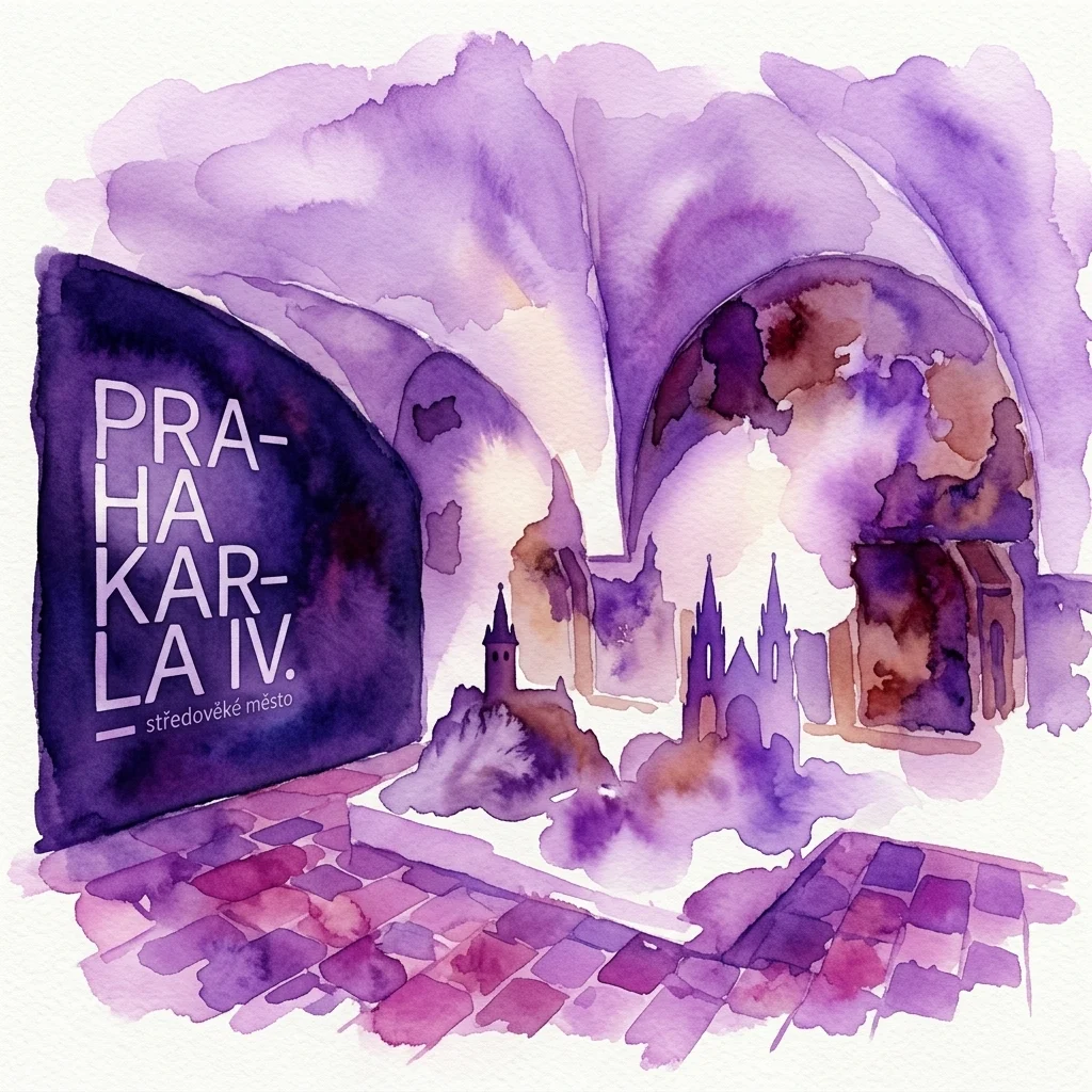 Ilustracja akwarelowa wystawy muzealnej "Praga Karola IV – Średniowieczne Miasto", przedstawiająca fioletową tablicę z tytułem, modele średniowiecznych budynków, takich jak Katedra św. Wita, oraz brukowaną ścieżkę pod łukowymi konstrukcjami.