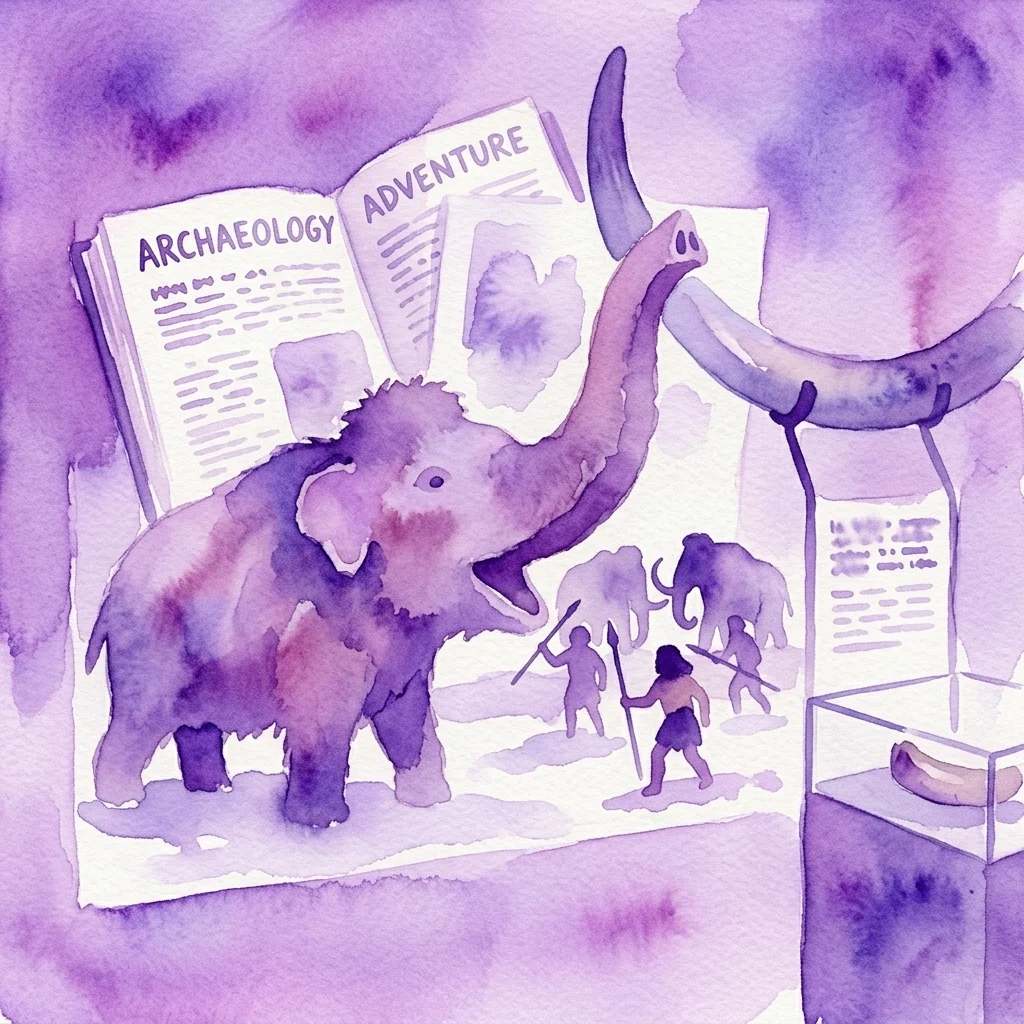 Ilustracja akwarelowa prehistorycznego diorama przedstawiającego mamuty, starożytnych łowców oraz otwarte księgi zatytułowane „Archeologia” i „Przygoda”, przywołująca edukacyjne i pełne przygód motywy Eduarda Štorcha.