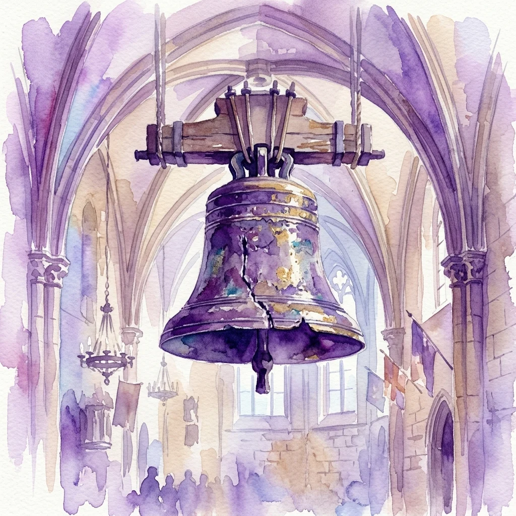 Ilustracja akwarelowa dużego, starego dzwonu z widocznymi pęknięciami, wiszącego w gotyckich łukach Sali Rycerskiej na Rynku Staromiejskim w Pradze, upamiętniająca jego powrót po renowacji.