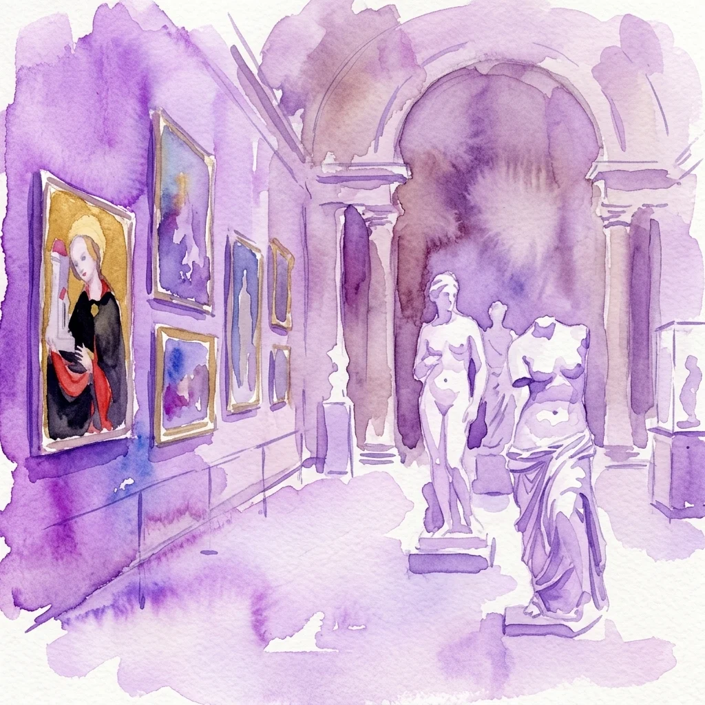 Ilustración en acuarela del interior de la Galería Strahov, que presenta pinturas y esculturas clásicas de los siglos XIV al XIX expuestas en un espacio de galería histórico.