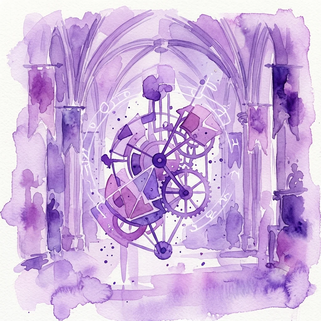 Fioletowa akwarelowa ilustracja skomplikowanych kół zębatych i mechanizmów Zegara Astronomicznego na Starym Mieście, umieszczona w gotyckim łuku, reprezentująca wystawę jego cyfrowego bliźniaka.