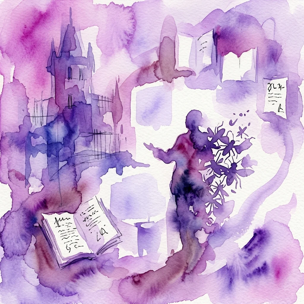 Fioletowa ilustracja akwarelowa przedstawiająca postać otoczoną książkami i abstrakcyjnymi kształtami, nawiązująca do literackich motywów dzieł Franza Kafki i jego związku z Pragą.