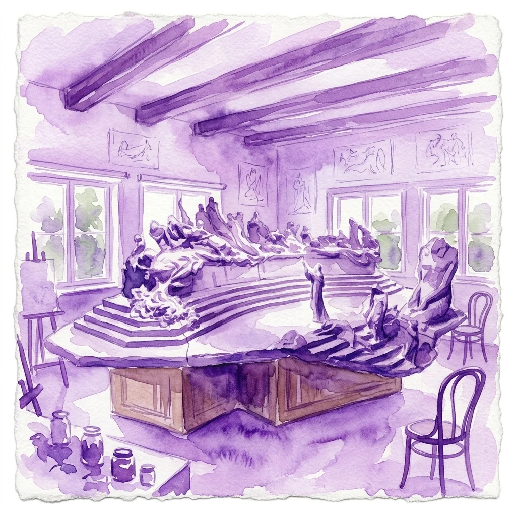 Watercolor illustration of The František Bílek Studio interior, showcasing sculptures, drawings, and original furniture in an Art Nouveau Symbolist style with natural light from windows.