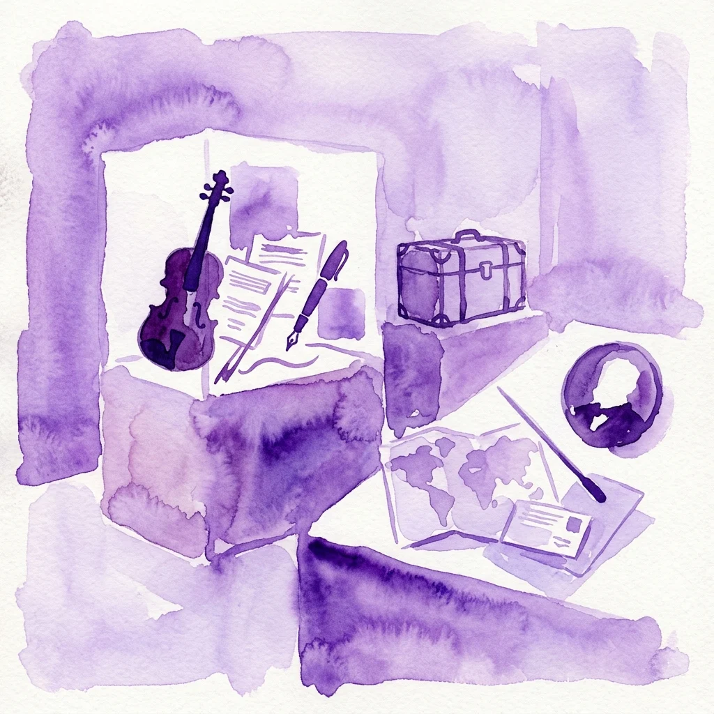 Ilustracja akwarelowa gabloty zawierającej skrzypce, nuty, wieczne pióro, walizkę, mapę świata i portret, przedstawiająca podróże kompozytora Antonína Dvořáka.