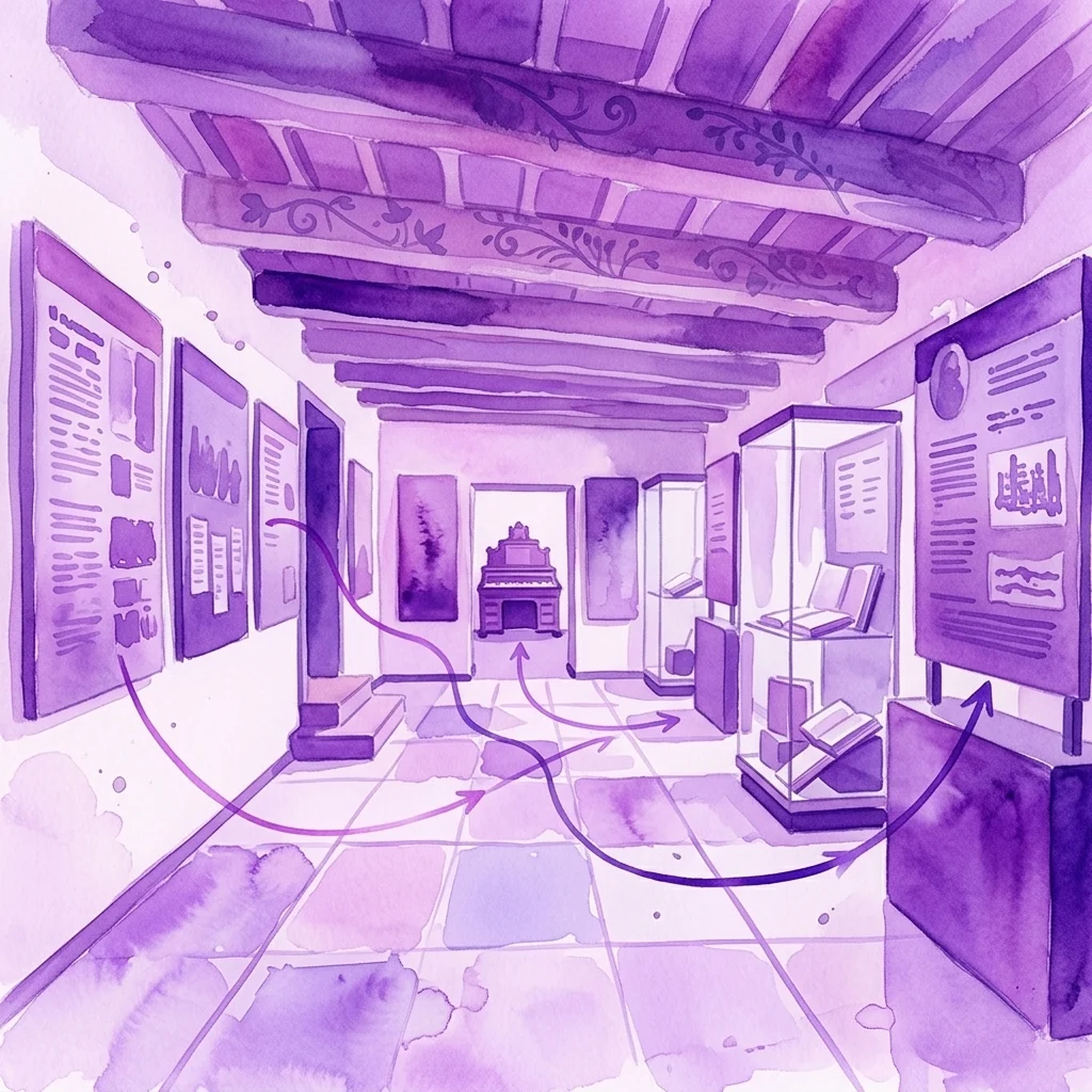 Ilustración en acuarela de una sala de exposiciones interactiva con tonos morados, que presenta paneles de exhibición, vitrinas con libros y flechas que guían a los visitantes a través del espacio.