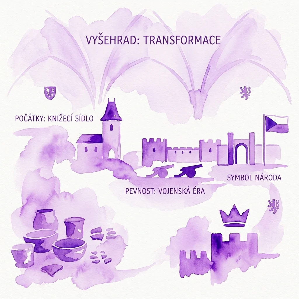 Ilustración en acuarela de las transformaciones históricas de Vyšehrad, que muestra un palacio real, una fortaleza militar, símbolos nacionales y artefactos arqueológicos, con etiquetas de texto en checo.