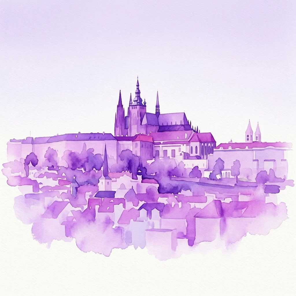 Fioletowa akwarelowa ilustracja Zamku na Hradczanach, ukazująca jego historyczną architekturę i otaczające budynki pod czystym niebem.