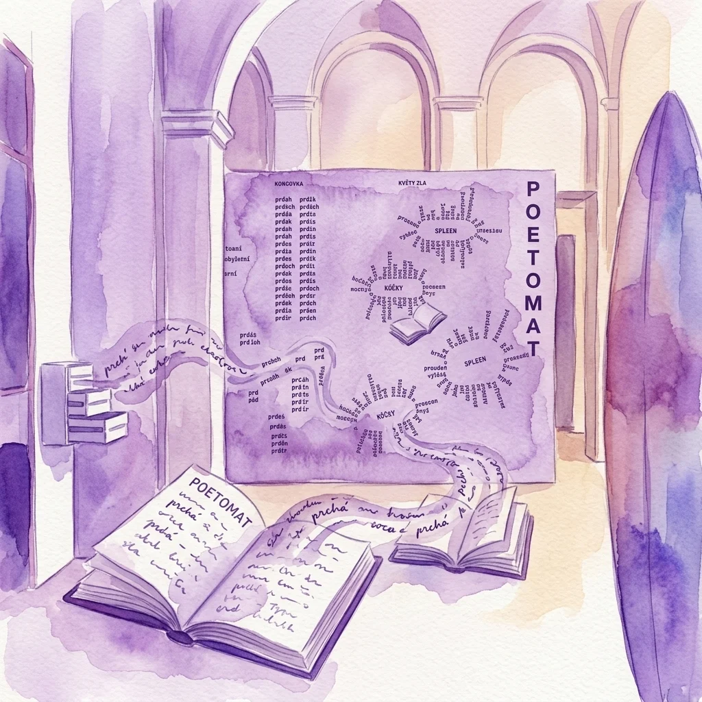 Una ilustración artística en acuarela de un espacio de exposición con libros abiertos y texto fluido, que representa la exposición 'El Mundo como Libro Abierto' en el Museo de Literatura Checa, presentando secciones temáticas como 'POETOMAT' y 'KONCOVKA' en un entorno arquitectónico histórico.